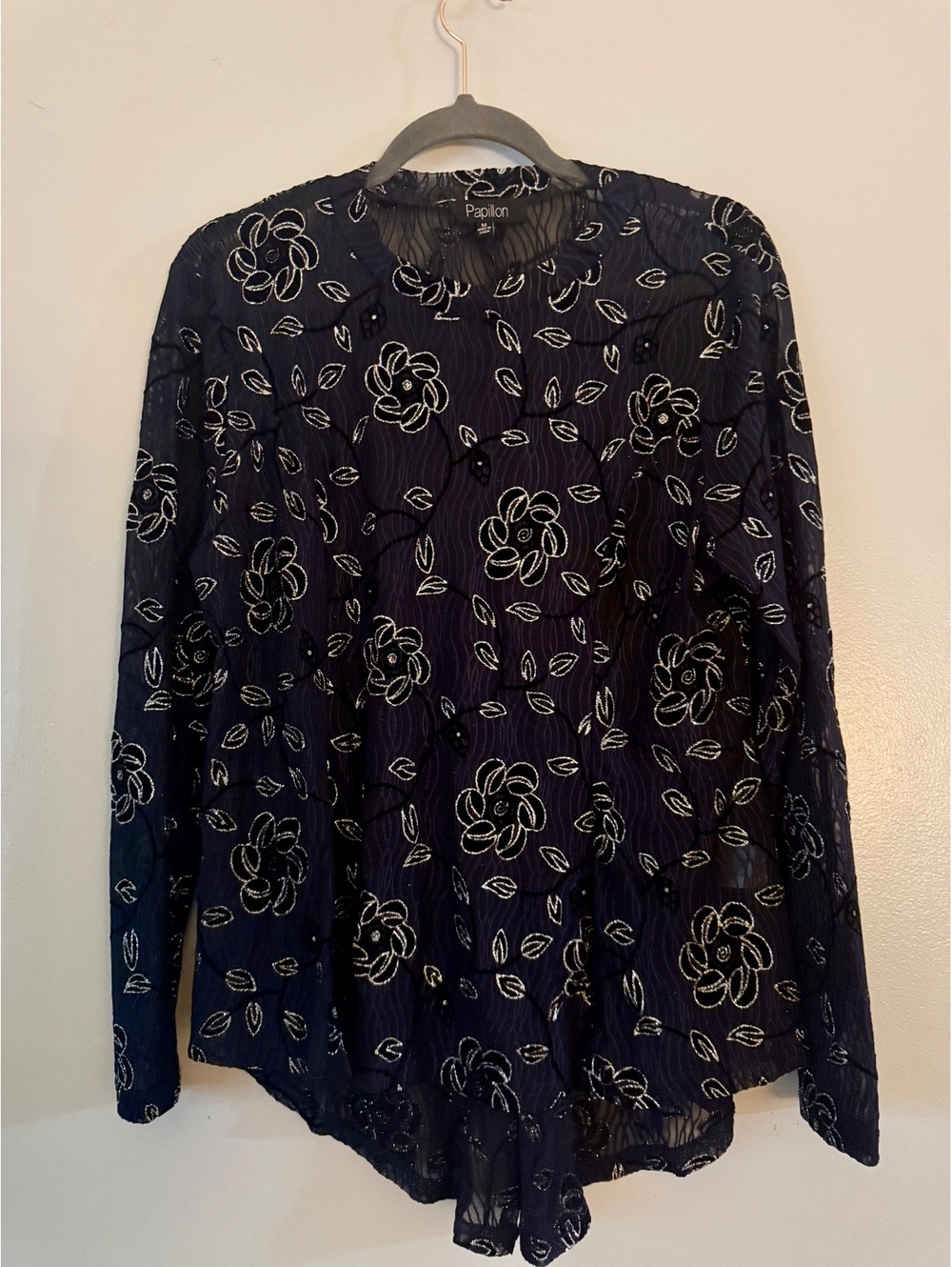 Papillon Sheer Mesh Silver Embroidered Floral High-Low Blouse M
